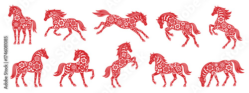 Red Floral Horse Silhouettes of Chinese Zodiac Year. Chinese New Year Horses Template.