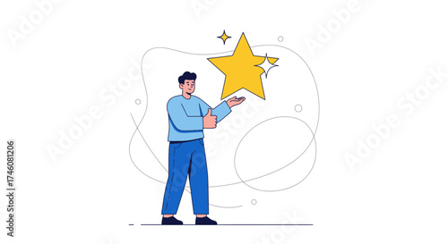 Illustration of a man with a star representing success and achievement on white backdrop