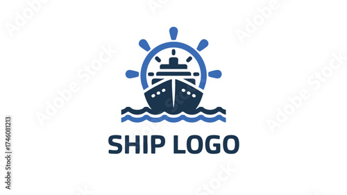 Maritime ship steering wheel emblem with waves and ship icon for nautical businesses
