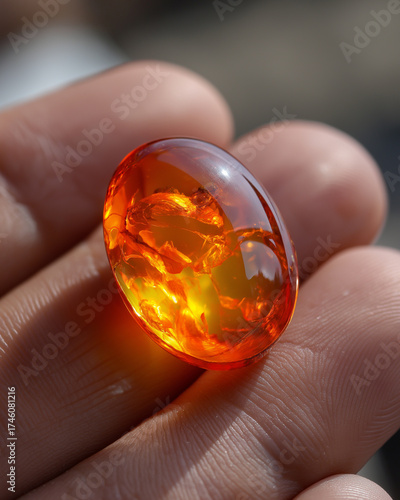 View hand hold orange opal gemstone fiery color natural beauty.