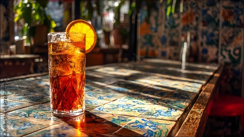 Refreshing Iced Tea with Orange Garnish on Sunlit Tiled Table