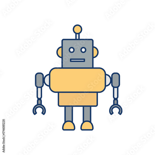 A flat cartoonstyle robot illustration The robot has a gray head a yellow body and appendages It stands centered