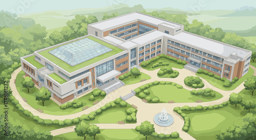Tranquil university campus with lush green lawns and modern architecture evokes scholarly pursuits and peaceful learning environments for students and faculty