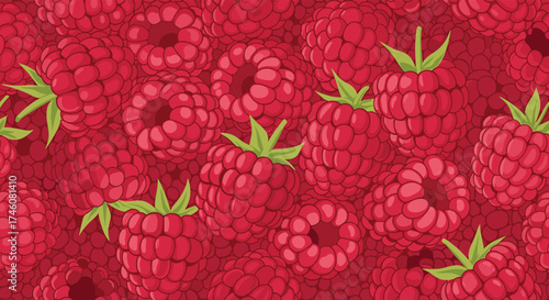 A delightful abstract pattern of juicy red raspberries filling the entire frame and creating a vibrant fruity background.