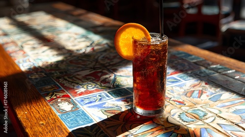 Refreshing Iced Tea with Orange Garnish on Sunlit Tiled Table