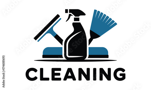 Professional cleaning service logo with spray bottle squeegee and brush icons clean
