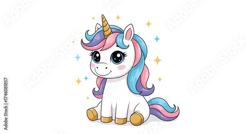 A whimsical and magical unicorn with a sparkly horn and colorful mane sits happily surrounded by shimmering stars.