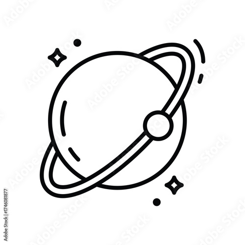 A stylized planet with a ring and orbiting stars