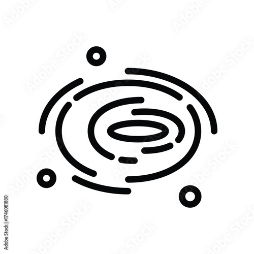A stylized black outline of a galaxy Concentric curved lines form spiral arms Three small circles orbit