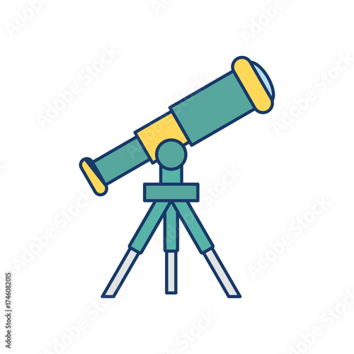 A teal and yellow telescope with a tripod is set