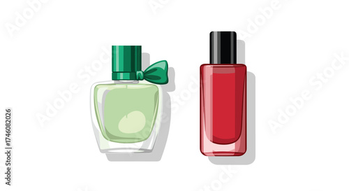 A gentle green perfume bottle with a ribbon and a red nail polish bottle.