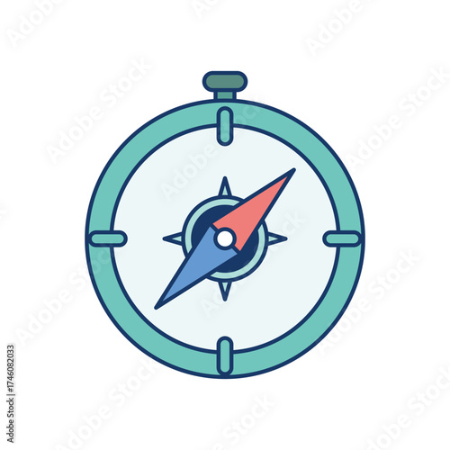 A teal circular compass illustration with a light blue background The needle is red and blue