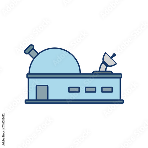 An observatory building with a dome rectangular base and satellite dish
