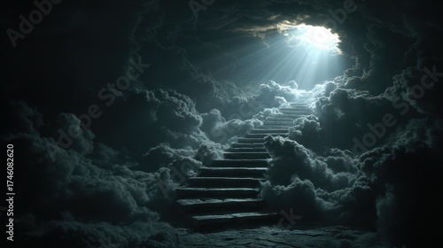A celestial staircase ascends through swirling clouds toward a brilliant, sunlit opening
