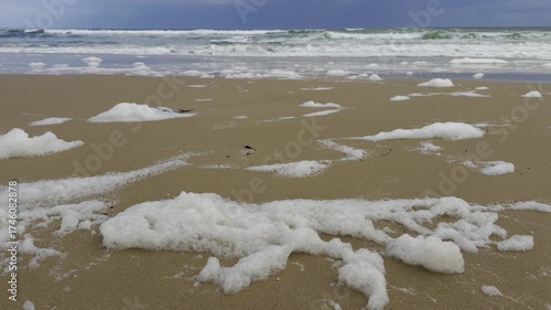 Foam pushed by waves towards Port Noarlunga Beach, signs of toxic bloom of Karenia mikimotoi, environmental catastrophe along St Vincent Gulf, Great Australian Bight, Fleurieu Peninsula, Adelaide
