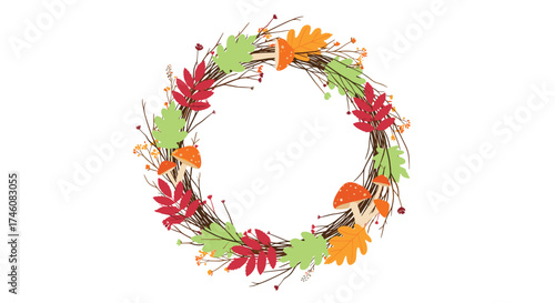A charming circular arrangement of autumn leaves and mushrooms adorning a rustic twig wreath.