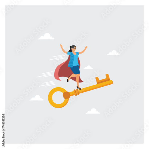 Businesswoman Hero Leader Ride Large Gold Key to Unlock Success Potential.