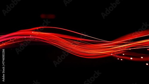 Abstract red, flowing, light-streak lines on a black background with small circular light points