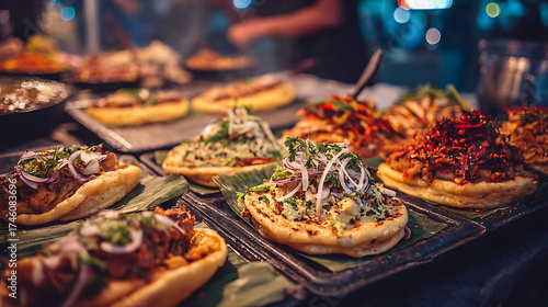 Close-up of colorful vegan street food served at a night festival 