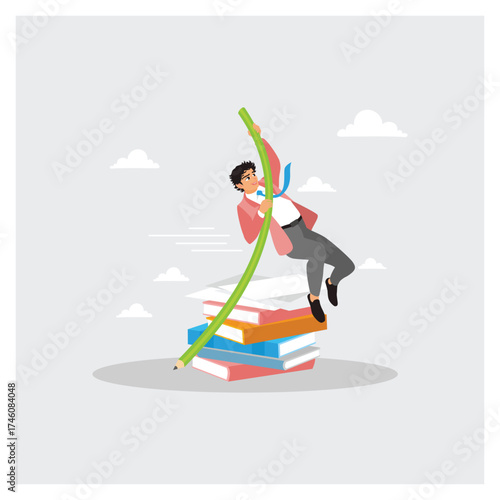 Businessman jumping pole vault with pencil on a stack of book.