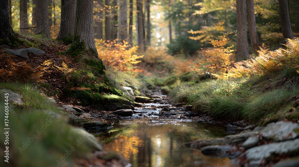 Obraz premium Tranquil Stream Flowing Through Autumn Forest with Colorful Foliage and Reflections in Water