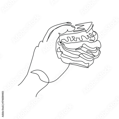 continuous line of people holding delicious sandwich fast food or junk food sketch drawing editable stroke concept for cafe, restaurant, and food shop. vector illustration