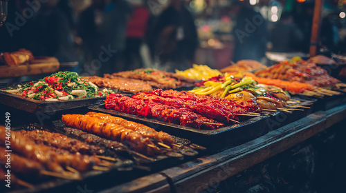 Close-up of colorful vegan street food served at a night festival 