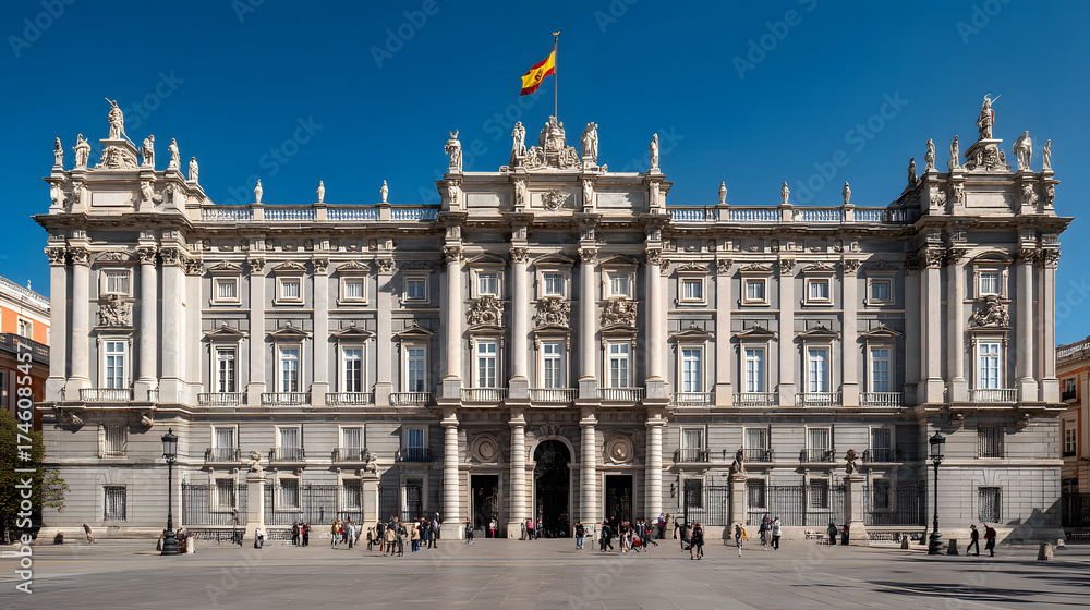 Obraz premium Grand Royal Palace in Spain with Blue Sky and Flag, Capturing Architectural Splendor