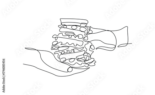 continuous line of people holding delicious sandwich fast food or junk food sketch drawing editable stroke concept for cafe, restaurant, and food shop. vector illustration