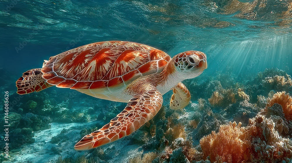 Fototapeta premium A majestic sea turtle gracefully glides through the crystal clear turquoise ocean waters over a vibrant coral reef ecosystem