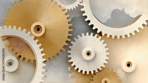 Intricate Arrangement of Wooden Gears and Cogs on a Textured Surface in an Abstract Pattern