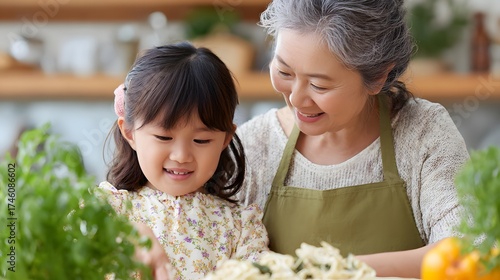 Grandmother and Young Girl Bonding While Preparing Pasta Together in a Bright Kitchen