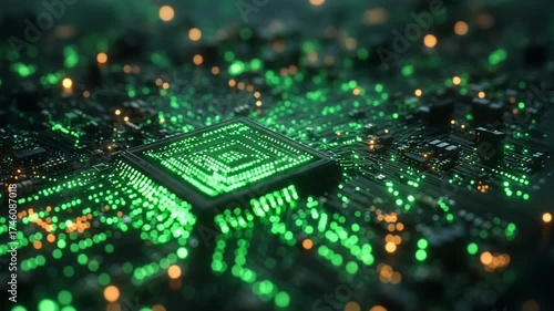 Futuristic Microchip with Glowing Green Circuits and Data Flow.