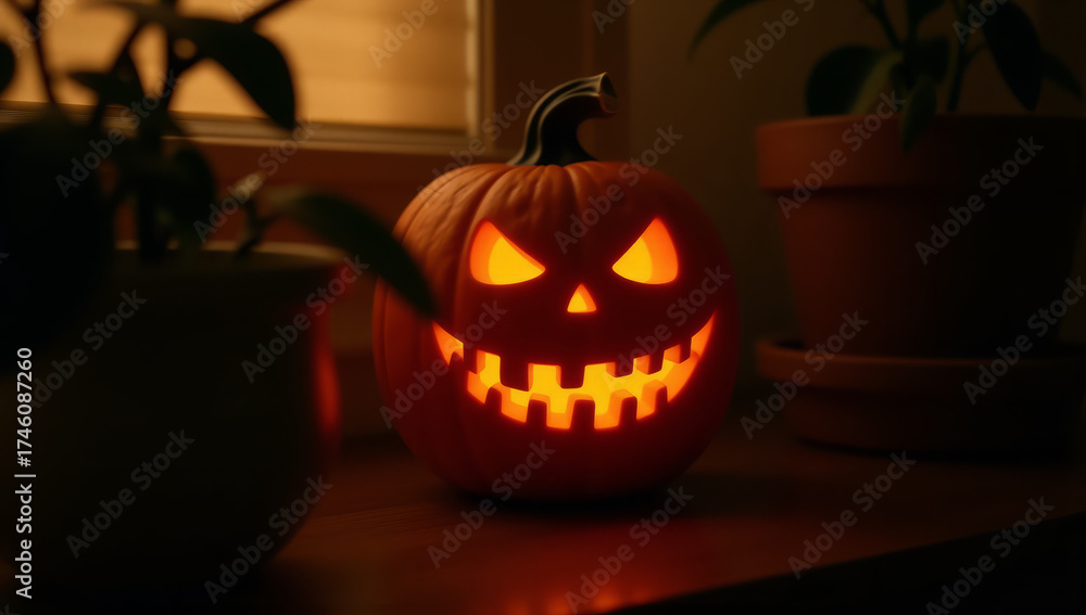 Obraz premium Photograph of a carved pumpkin with a glowing, menacing face on a wooden surface. The pumpkin has triangular eyes and nose, a wide, toothy grin with jagged edges, and a small, curved, black stem on