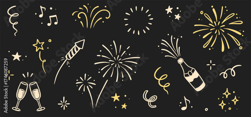 Firework new year set. Doodle firework sparkles for New Year celebration, golden burst and festive elements for birthday or party decor. Hand drawn style for a firework themed vector illustration