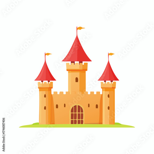 Cartoon Castle with Red Roofs and Yellow Flags on Green Base.