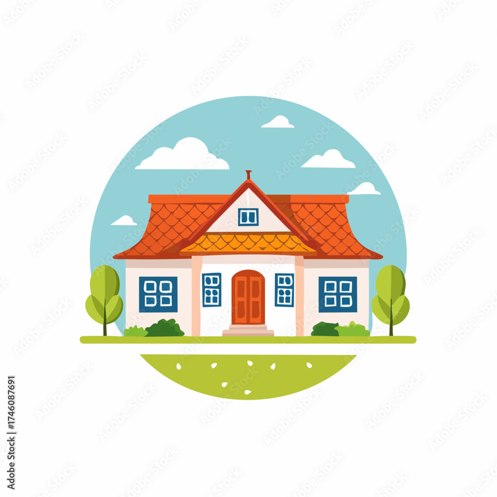 Fototapeta premium Cartoon House with Orange Roof and Blue Windows Flat Vector Illustration.