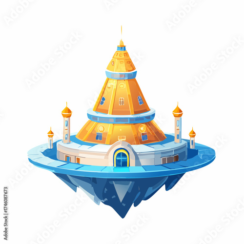 Cartoon Floating Temple with Golden Tower and Blue Accents.