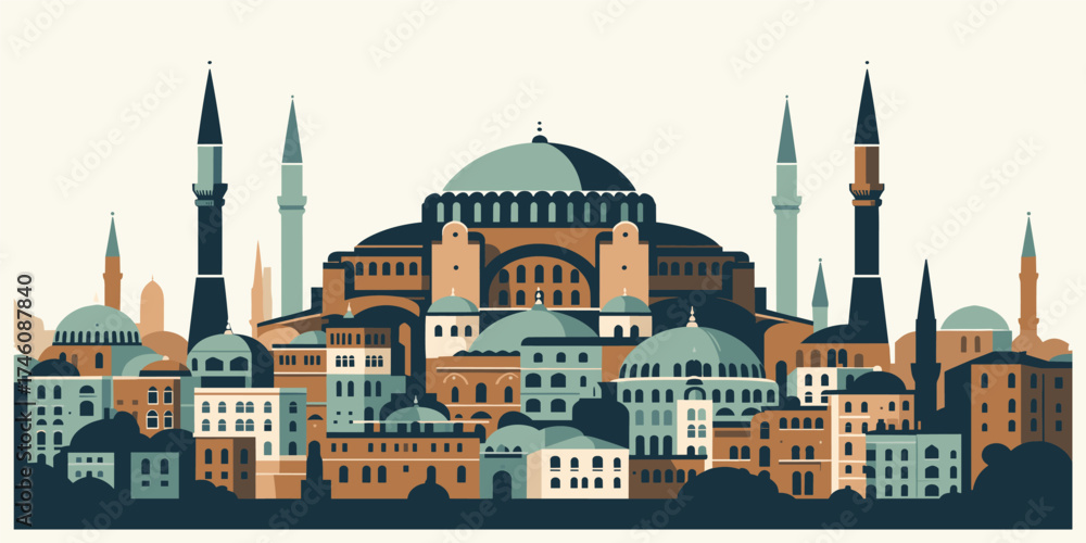 Fototapeta premium Stylized cityscape illustration of Istanbul's historic Hagia Sophia, a famous architectural landmark of Turkey