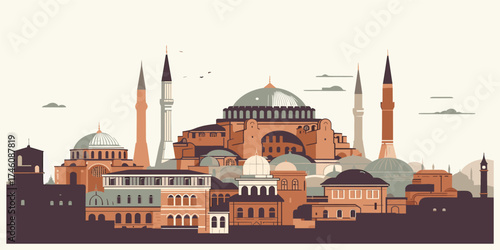 A stylized vector illustration of the Hagia Sophia Grand Mosque in Istanbul, Turkey. Flat design cityscape of the famous historical landmark and architectural monument