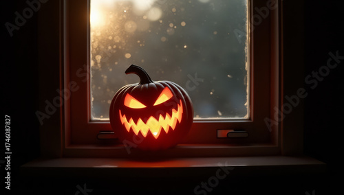 Photograph of a carved pumpkin jack-o'-lantern with a glowing, triangular-eyed, and jagged-toothed face, sitting on a windowsill. The pumpkin is illuminated from within, casting a warm orange glow.