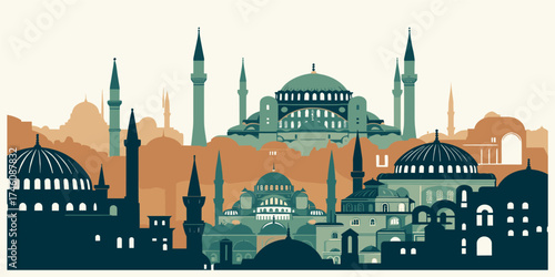 Iconic Istanbul skyline silhouette featuring famous mosques and historical landmarks