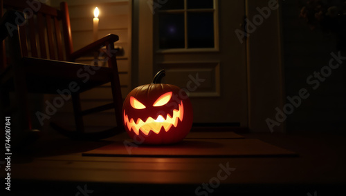 Photograph of a carved pumpkin with a menacing, glowing face, featuring sharp triangular teeth and glowing eyes, sitting on a wooden porch. The pumpkin is illuminated from within, casting a warm,