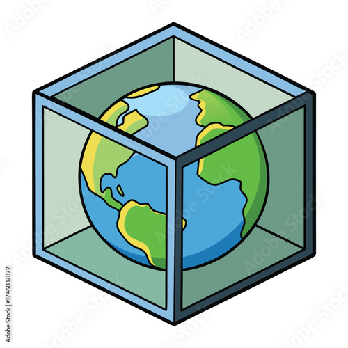 A creative design showing an Earth globe enclosed within a cube, symbolizing global balance, structure, and the harmony between nature and geometry in a modern concept.

