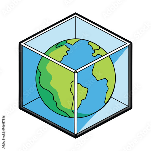 A creative design showing an Earth globe enclosed within a cube, symbolizing global balance, structure, and the harmony between nature and geometry in a modern concept.
