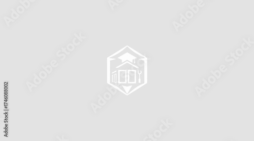 A stylized emblem featuring a building with a graduation cap on top, inside a geometric shape.