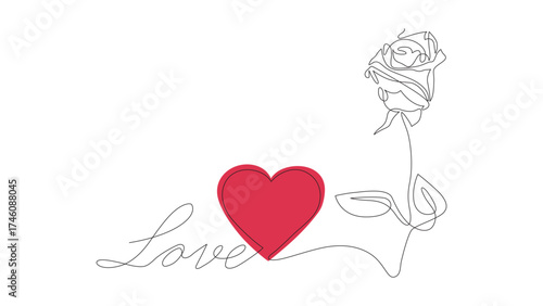 Continuous one-line drawing of text love with a rose and a heart, black line art on a white background.