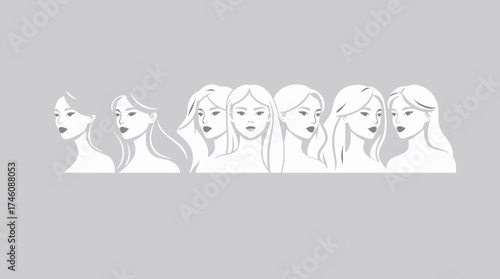 A row of seven stylized female faces, each with slightly different hairstyles and head angles, against a gray background.