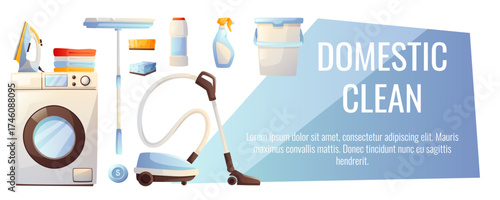Cleaning services for apartments, residential buildings and commercial buildings. Mop, bucket, cleaning agent, spray, gloves. Set of designs of square postcard, horizontal banner and leaflet.