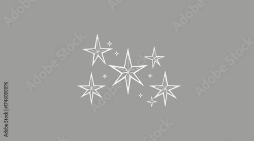 A cluster of white, five-pointed stars of varying sizes against a gray background.